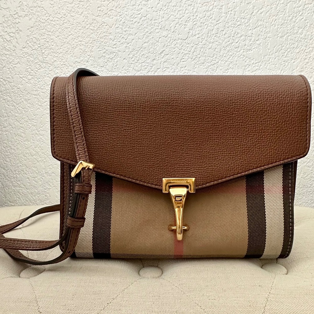 Authentic BURBERRY Macken Crossbody Bag Leather and House Check Canvas